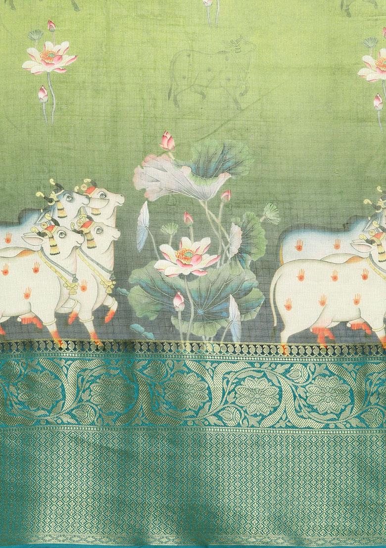 Mehendi Green Pichwai Zari Muga Silk Digital Print Saree With Blouse - Indya