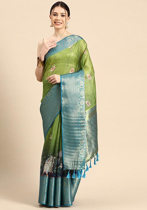 Mehendi Green Pichwai Zari Muga Silk Digital Print Saree With Blouse