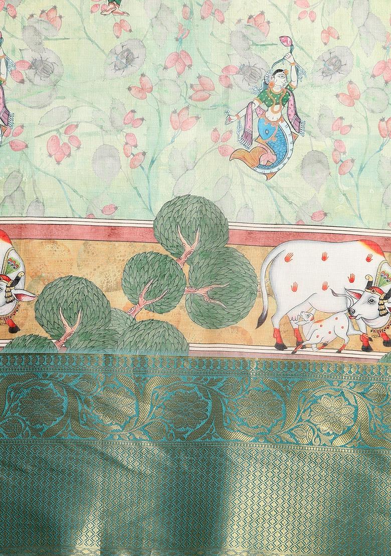 Light Green Pichwai Muga Silk Digital Print Saree With Blouse - Indya