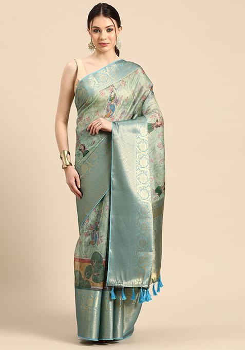 Light Green Pichwai Muga Silk Digital Print Saree With Blouse