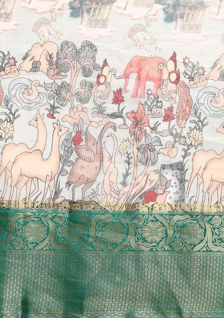 Grey Pichwai Muga Silk Zari Digital Print Saree With Blouse - Indya