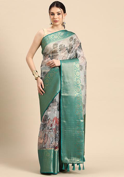 Grey Pichwai Muga Silk Zari Digital Print Saree With Blouse