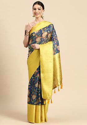 Dark Blue Pichwai Muga Silk Digital Print Saree With Blouse