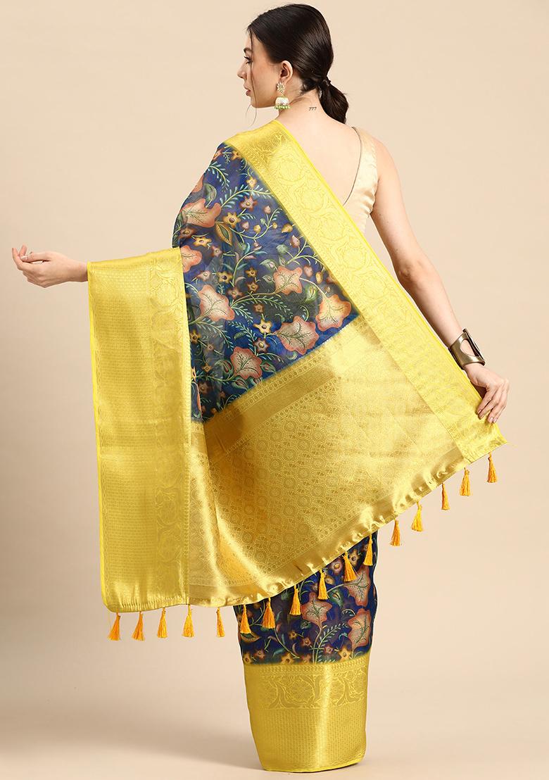 Dark Blue Pichwai Muga Silk Digital Print Saree With Blouse - Indya