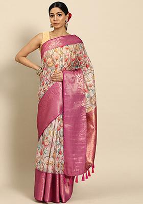 Beige Pichwai Muga Zari Silk Digital Print Saree With Blouse