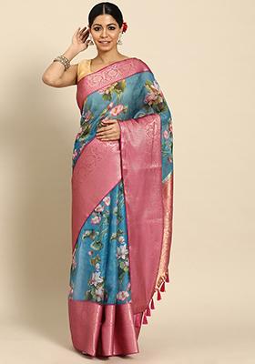 Teal Pichwai Muga Silk Zari Digital Print Saree With Blouse