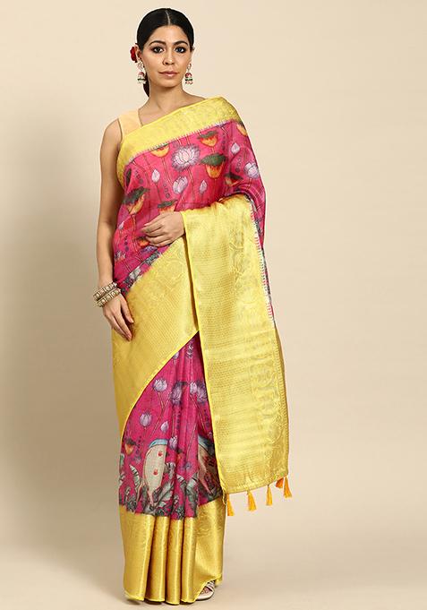 Pink Pichwai Muga Silk Digital Print Saree With Blouse