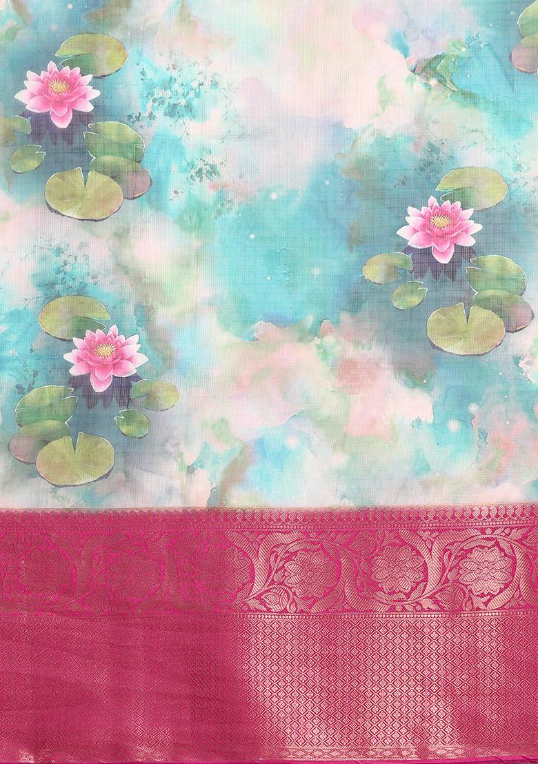 Multicolor Pichwai Zari Muga Silk Digital Print Saree With Blouse - Indya