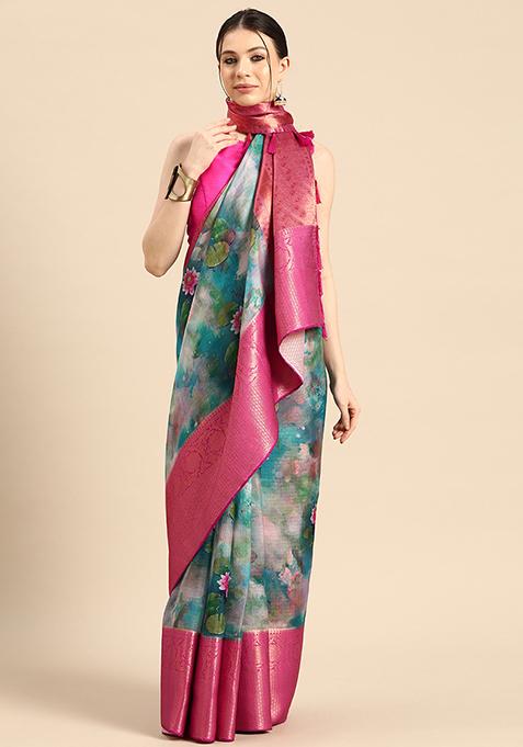 Multicolor Pichwai Zari Muga Silk Digital Print Saree With Blouse