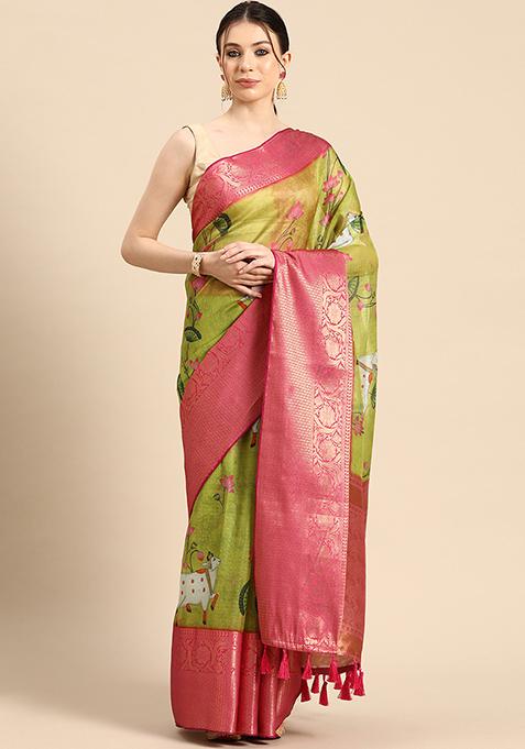 Mehendi Green Pichwai Muga Silk Digital Print Saree With Blouse