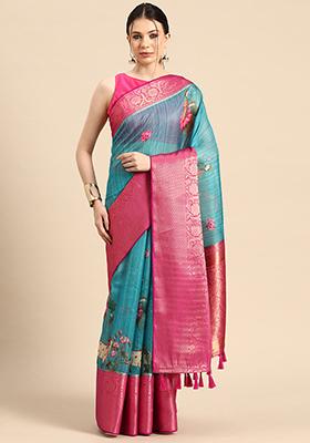 Teal Pichwai Muga Silk Digital Print Saree With Blouse