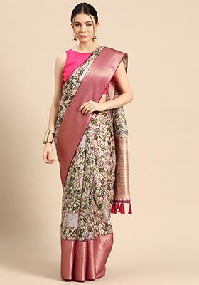 Beige Pichwai Muga Silk Zari Digital Print Saree With Blouse