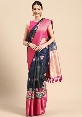 Navy Blue Pichwai Muga Silk Zari Digital Print Saree With Blouse