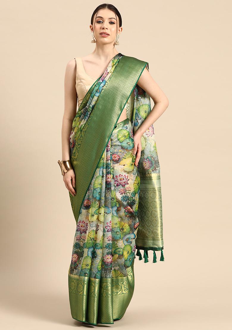 Multicolor Pichwai Muga Silk Blend Digital Print Saree With Blouse - Indya