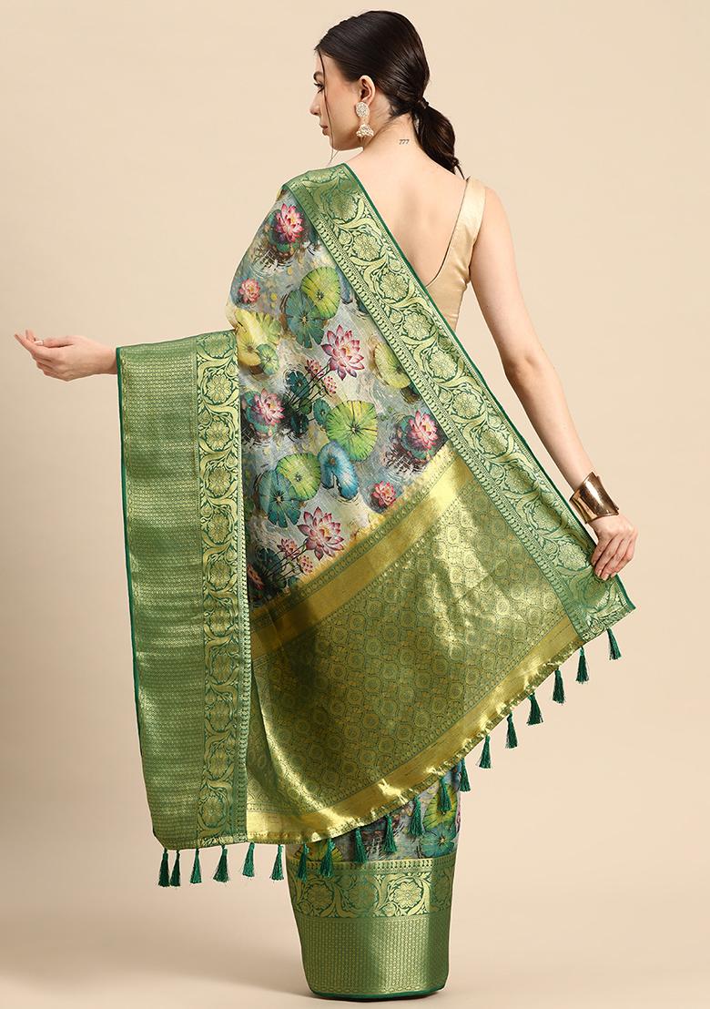 Multicolor Pichwai Muga Silk Blend Digital Print Saree With Blouse - Indya