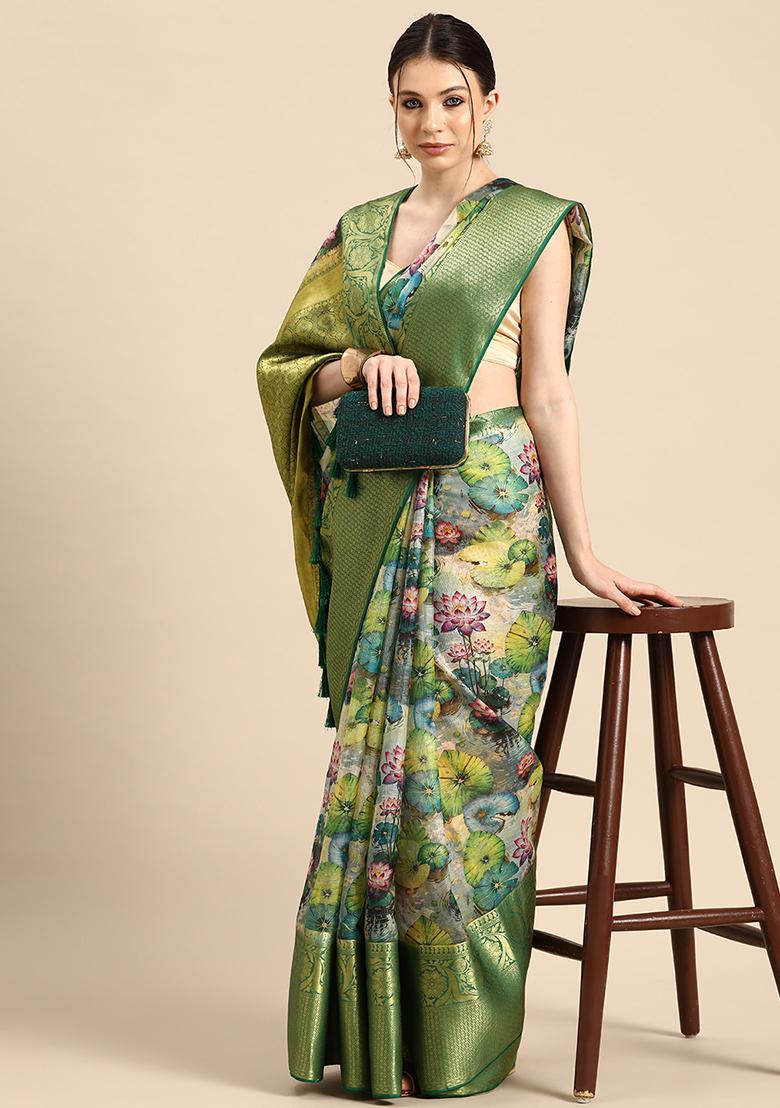 Multicolor Pichwai Muga Silk Blend Digital Print Saree With Blouse - Indya