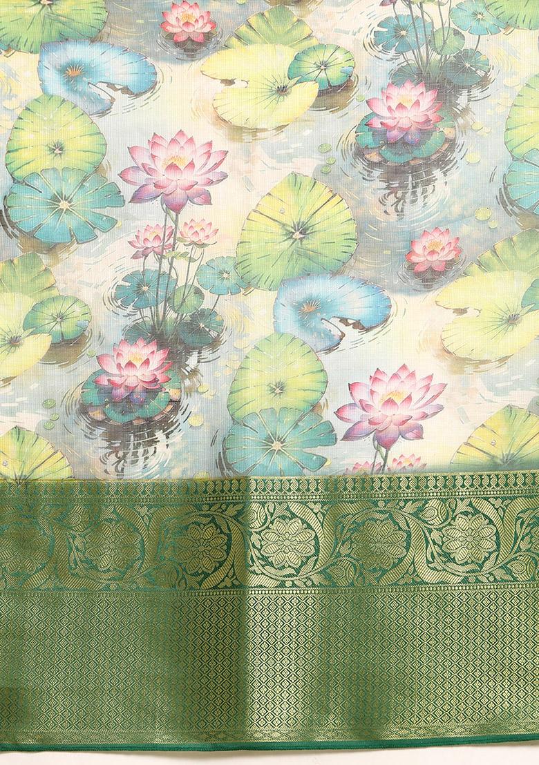 Multicolor Pichwai Muga Silk Blend Digital Print Saree With Blouse - Indya