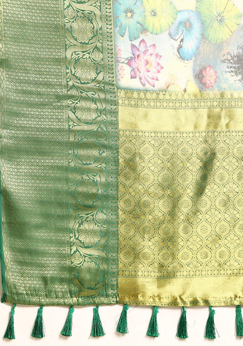 Multicolor Pichwai Muga Silk Blend Digital Print Saree With Blouse - Indya