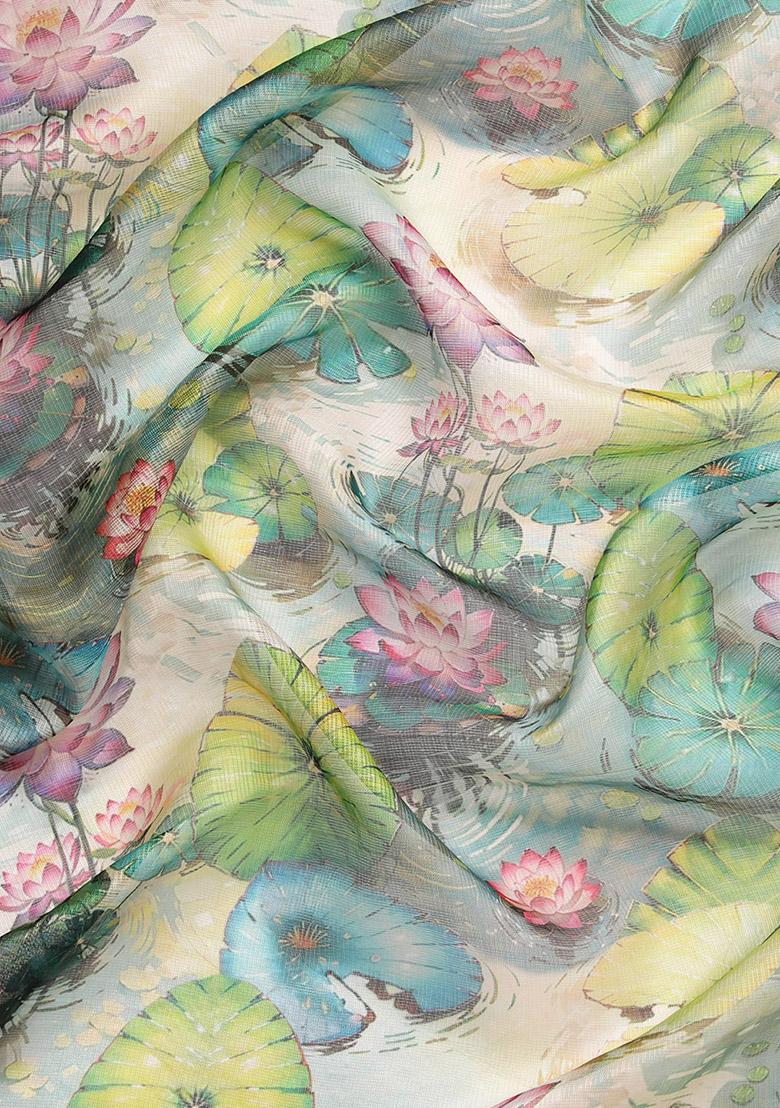 Multicolor Pichwai Muga Silk Blend Digital Print Saree With Blouse - Indya