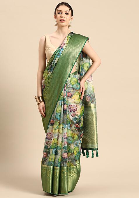 Multicolor Pichwai Muga Silk Digital Print Saree With Blouse