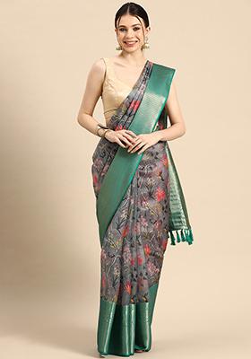 Grey Pichwai Muga Silk Digital Print Zari Saree With Blouse