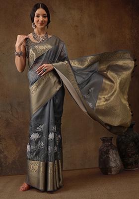 Grey Munga Silk Floral Print Saree With Blouse