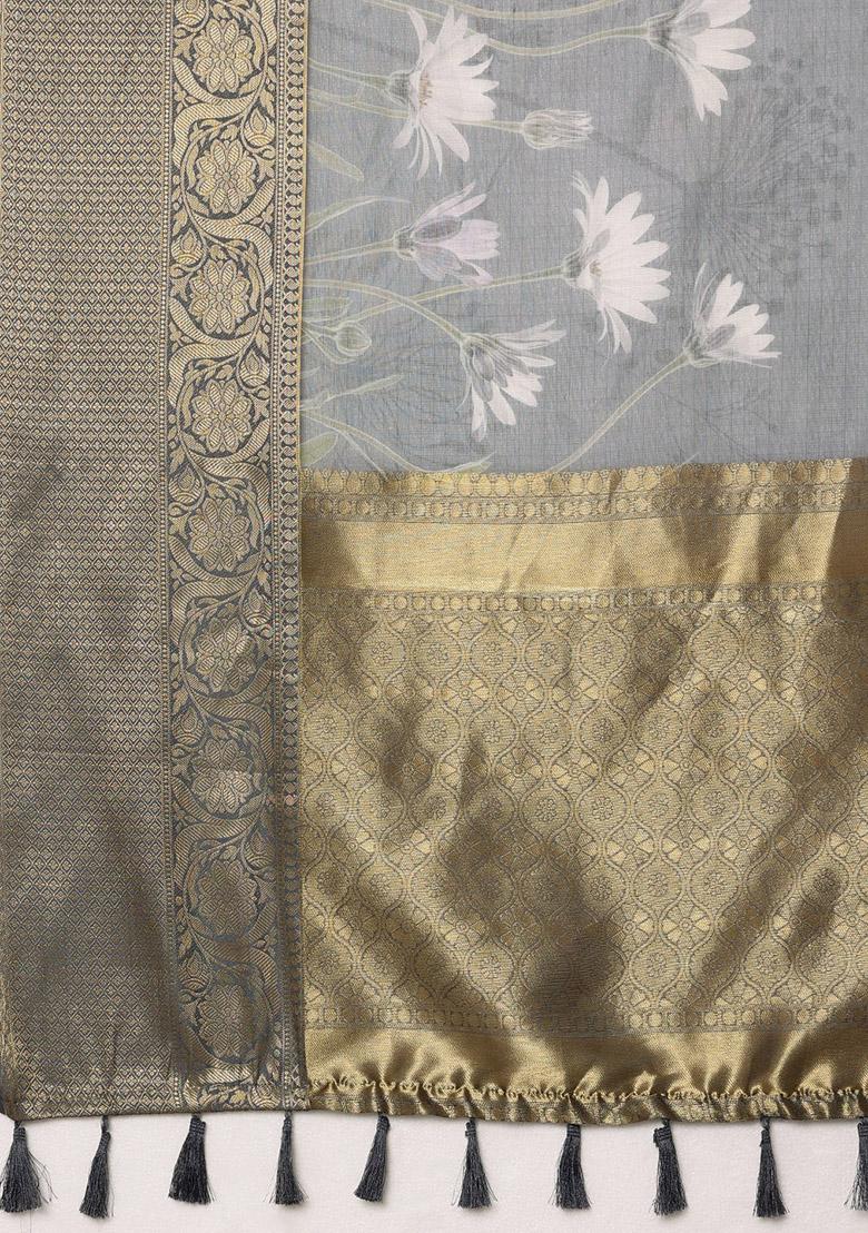 Grey Munga Silk Floral Print Saree With Blouse - Indya