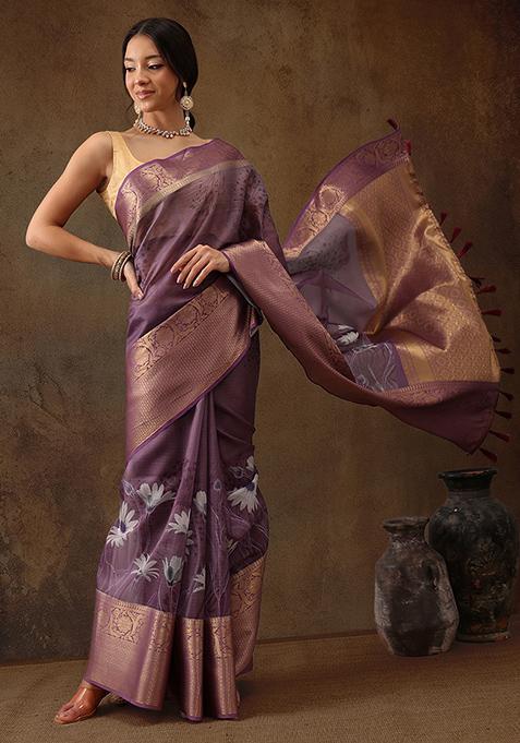 Lavender Munga Silk Floral Print Saree With Blouse
