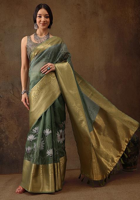 Green Munga Silk Floral Print Saree With Blouse