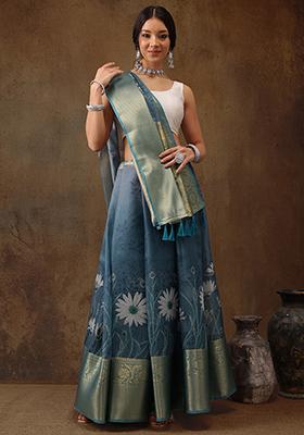 Teal Munga Silk Floral Print Saree With Blouse
