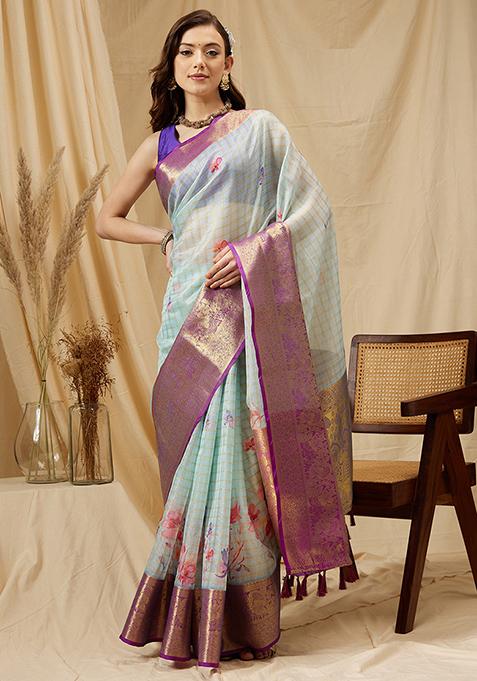 Sky Blue Digital Print Muga Silk Checked Saree With Blouse
