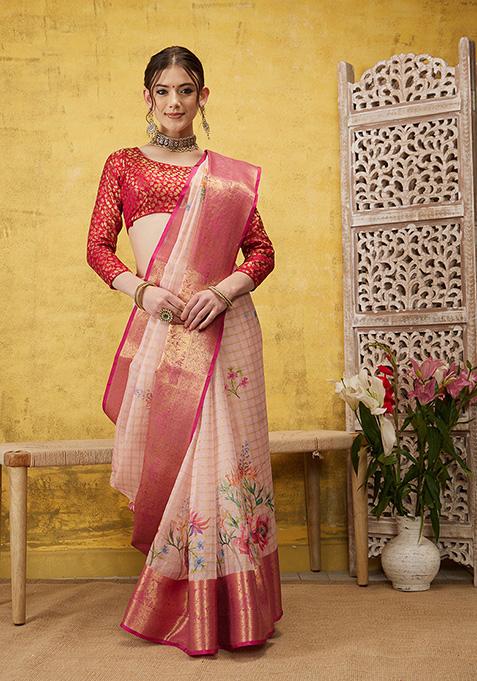Pink Digital Print Muga Silk Checked Saree With Blouse