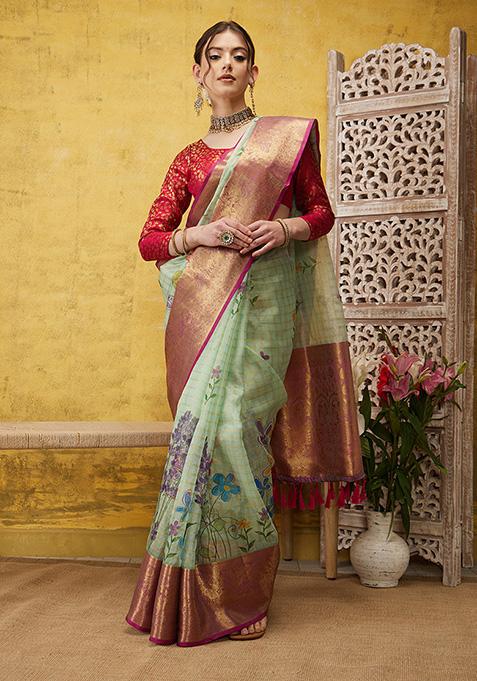 Green Digital Print Muga Silk Checked Saree With Blouse