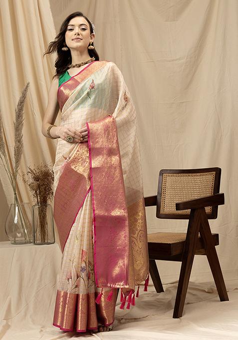 Beige Digital Print Muga Silk Checked Saree With Blouse