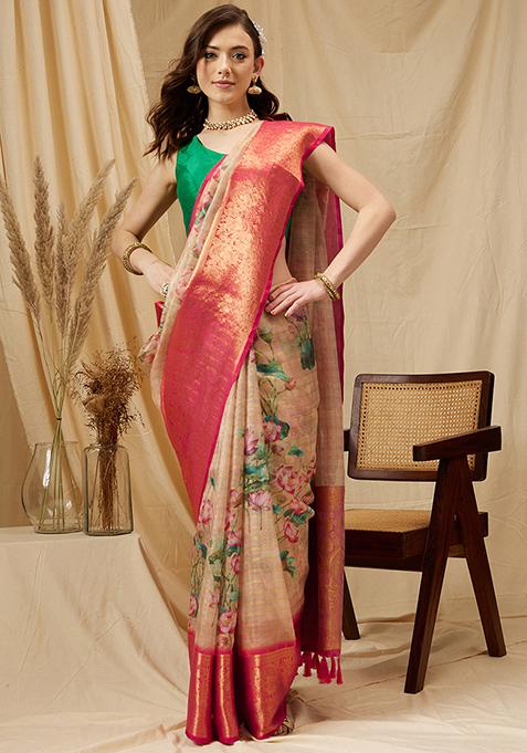 Peach Digital Print Muga Silk Checked Saree With Blouse
