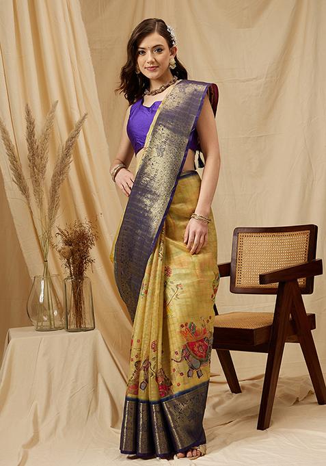 Yellow Digital Print Muga Silk Checked Saree With Blouse
