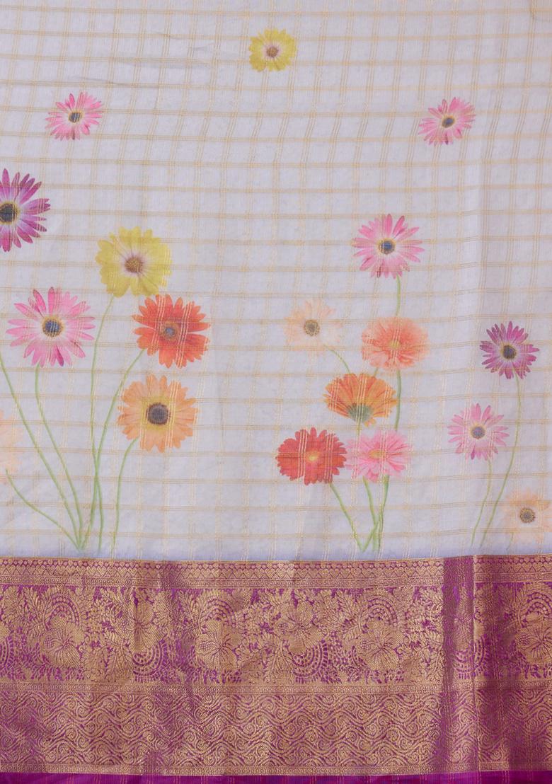 Lavender Digital Print Muga Silk Checked Saree With Blouse - Indya