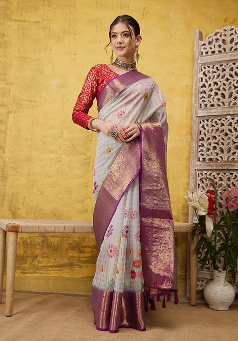 Lavender Digital Print Muga Silk Checked Saree With Blouse