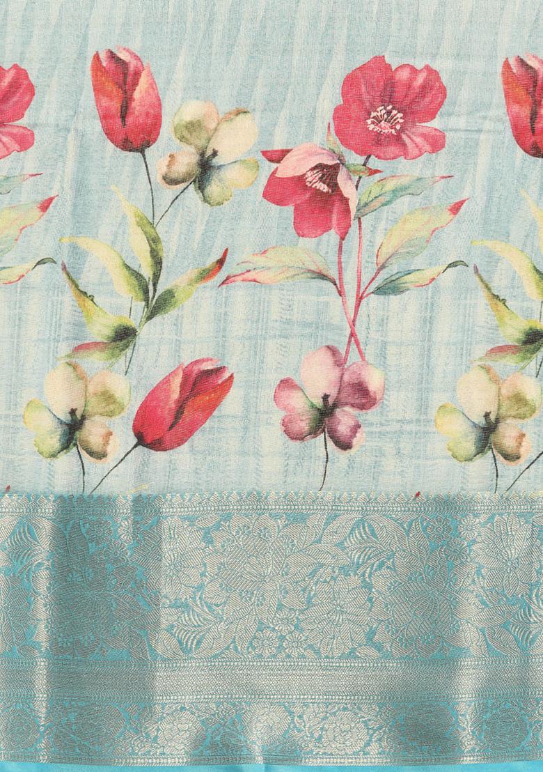 Blue Banarasi Tissue Soft Silk Digital Print Saree With Blouse - Indya