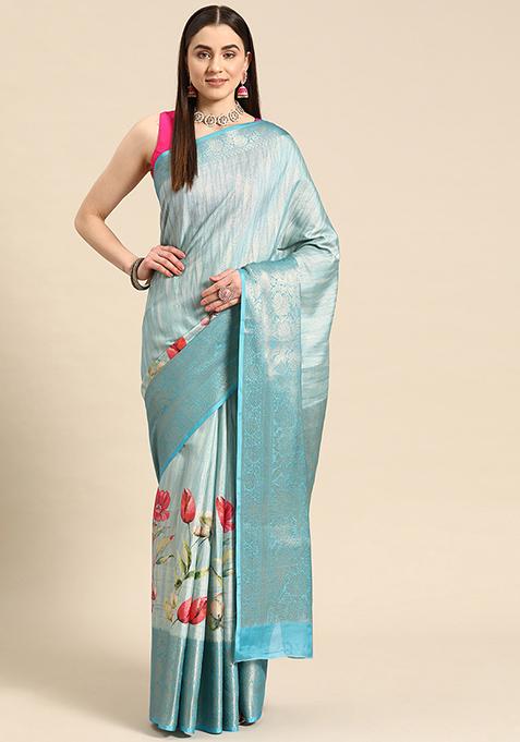 Blue Banarasi Tissue Soft Silk Digital Print Saree With Blouse