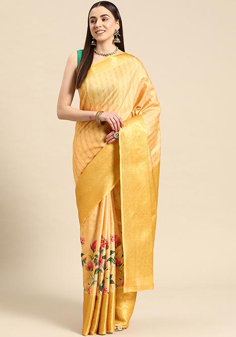 Yellow Banarasi Tissue Soft Silk Digital Print Saree With Blouse