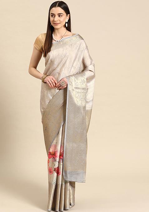 Grey Banarasi Tissue Soft Silk Digital Print Saree With Blouse