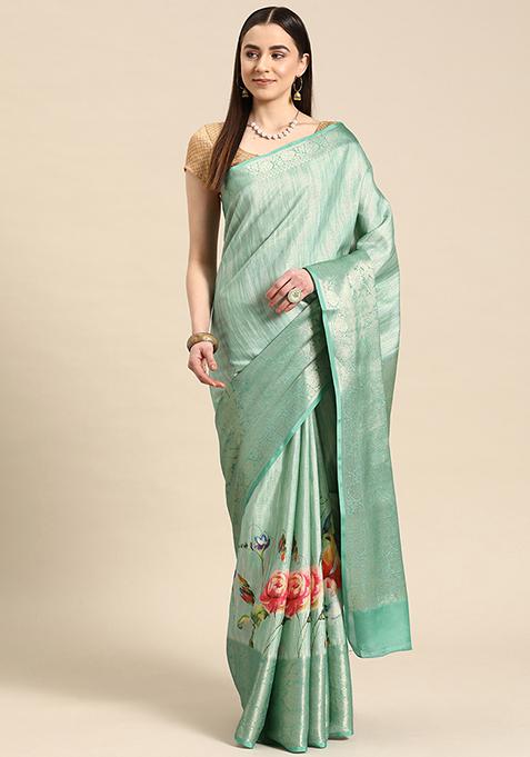 Teal Banarasi Tissue Soft Silk Digital Print Saree With Blouse