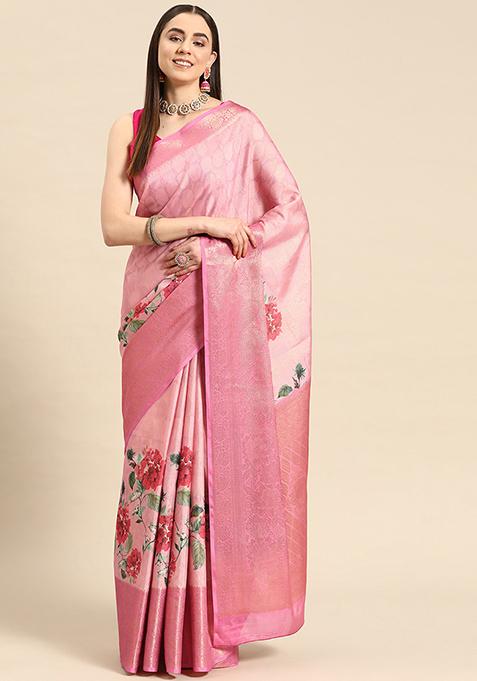 Pink Banarasi Tissue Soft Silk Digital Print Saree With Blouse