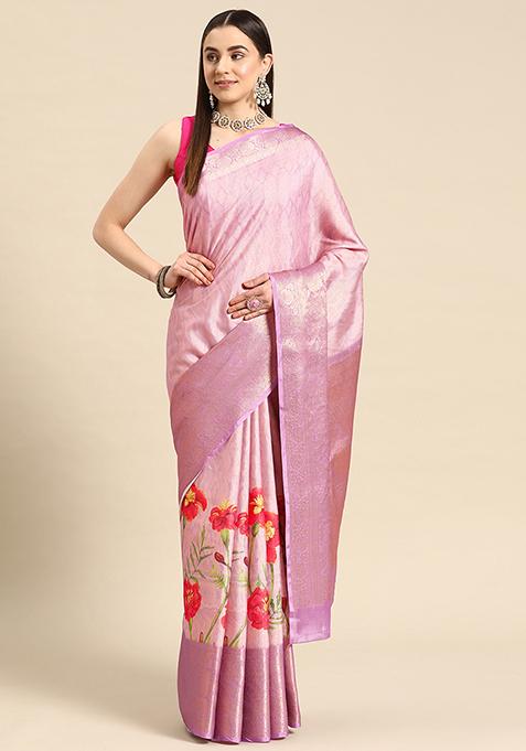 Lavender Banarasi Tissue Soft Silk Digital Print Saree With Blouse