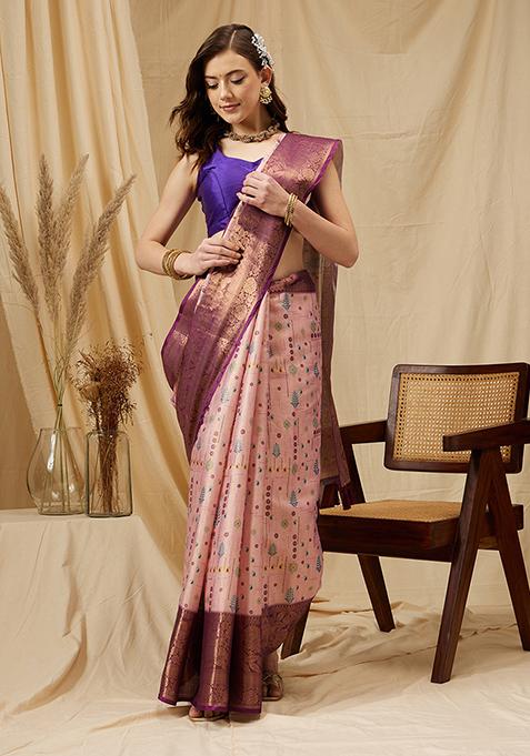 Purple Zari Tissue Pattu Soft Silk Printed Tassels Saree With Blouse