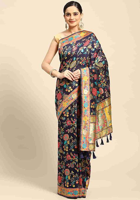 Navy Blue Embroidered Woven Thread Saree With Blouse