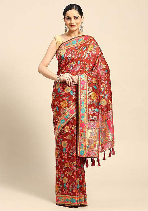 Red Embroidered Woven Thread Saree With Blouse