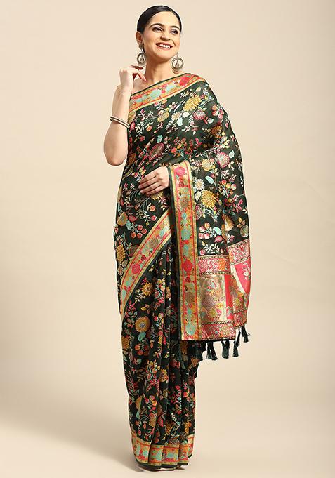 Green Embroidered Woven Thread Saree With Blouse