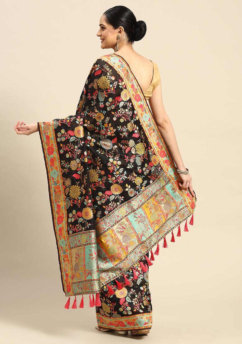 Black Embroidered Woven Thread Saree With Blouse - Indya